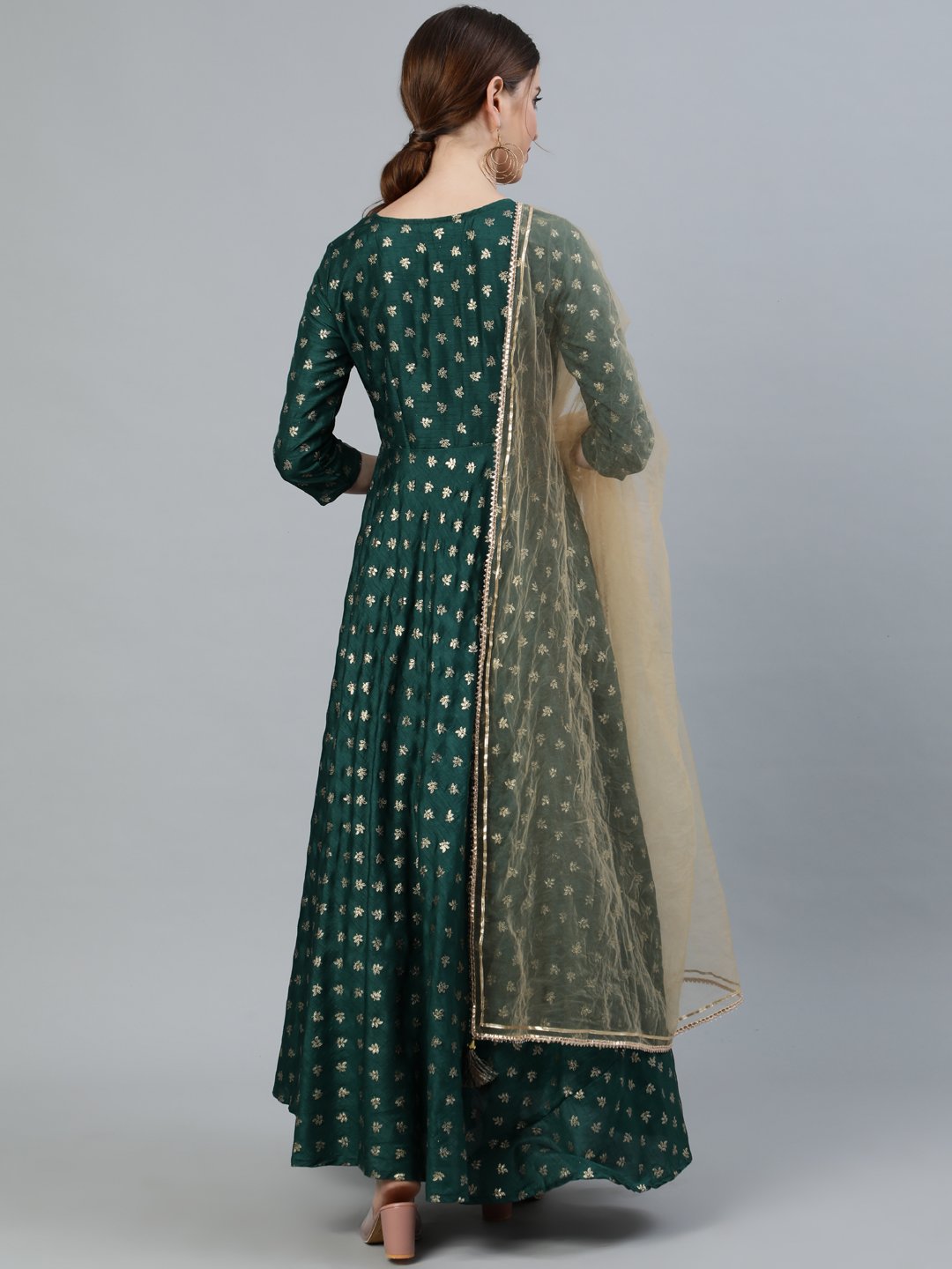 Women Gree & Gold Printed Maxi Dress With Sequance Dupatta