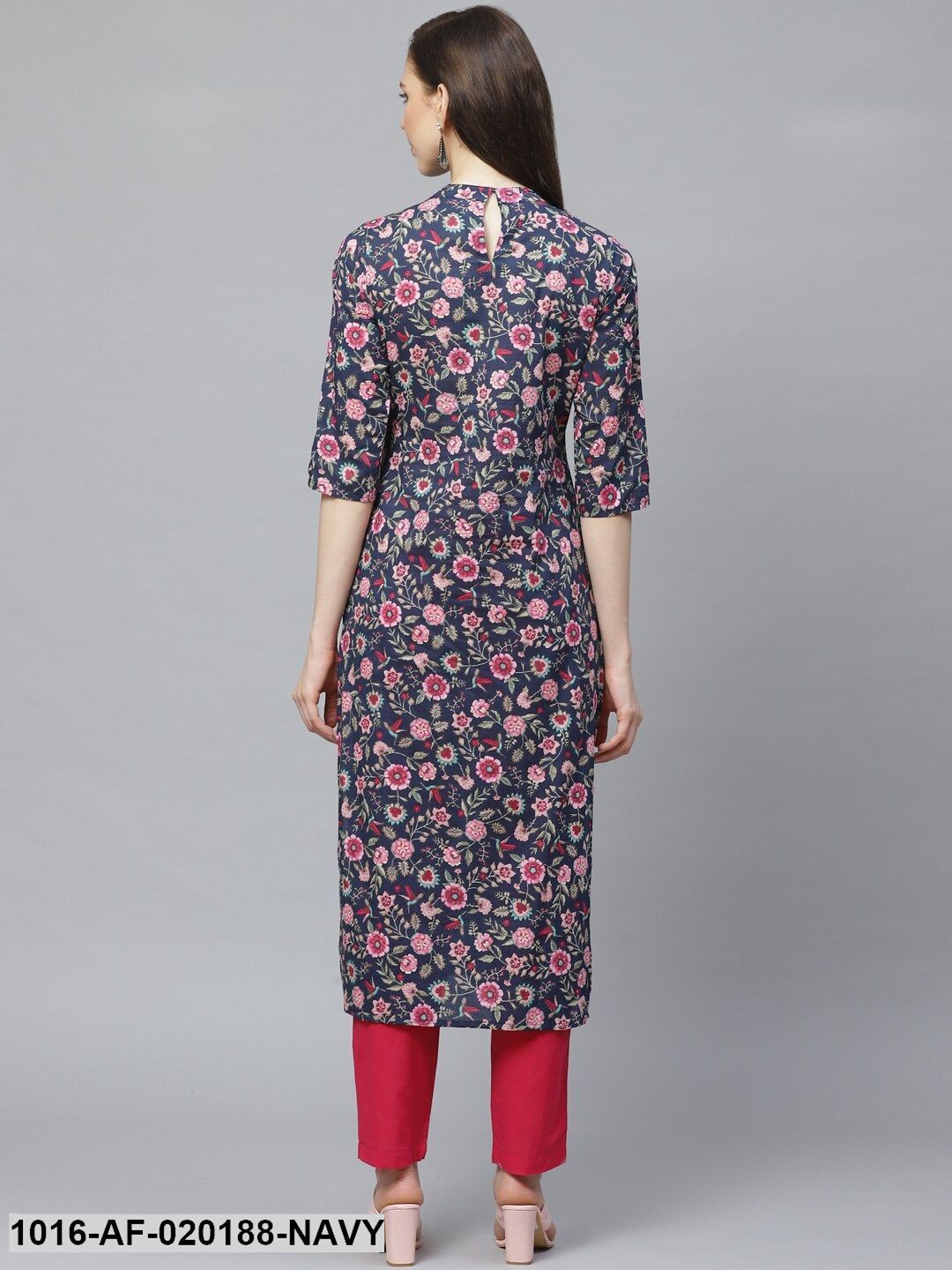 Navy Blue & Pink Floral Print Kurta with Trousers