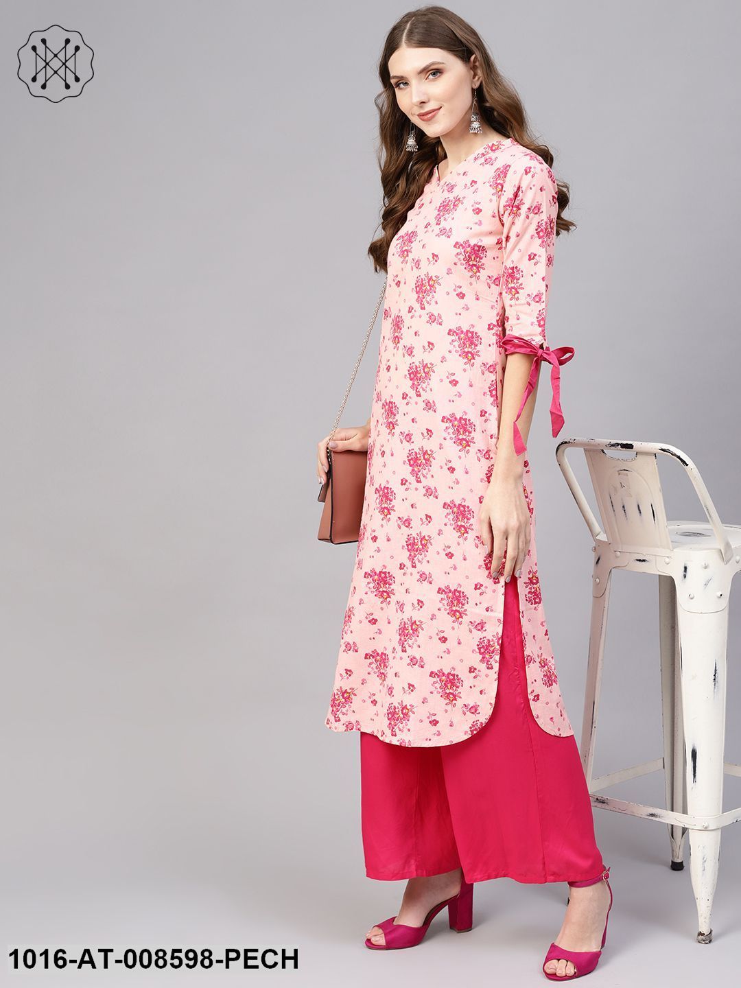 Peach Floral Printed Kurta With V-Neck & Knot Style Sleeves
