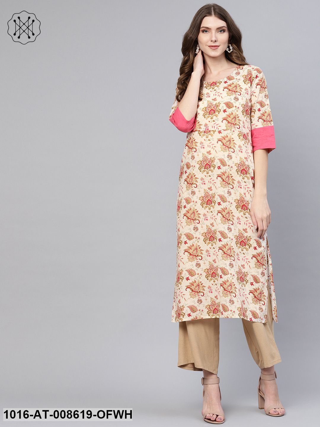 Off -White & Pink Floral Printed Straight Kurta With Round Neck & 3/4 Sleeves With Solid Cuff