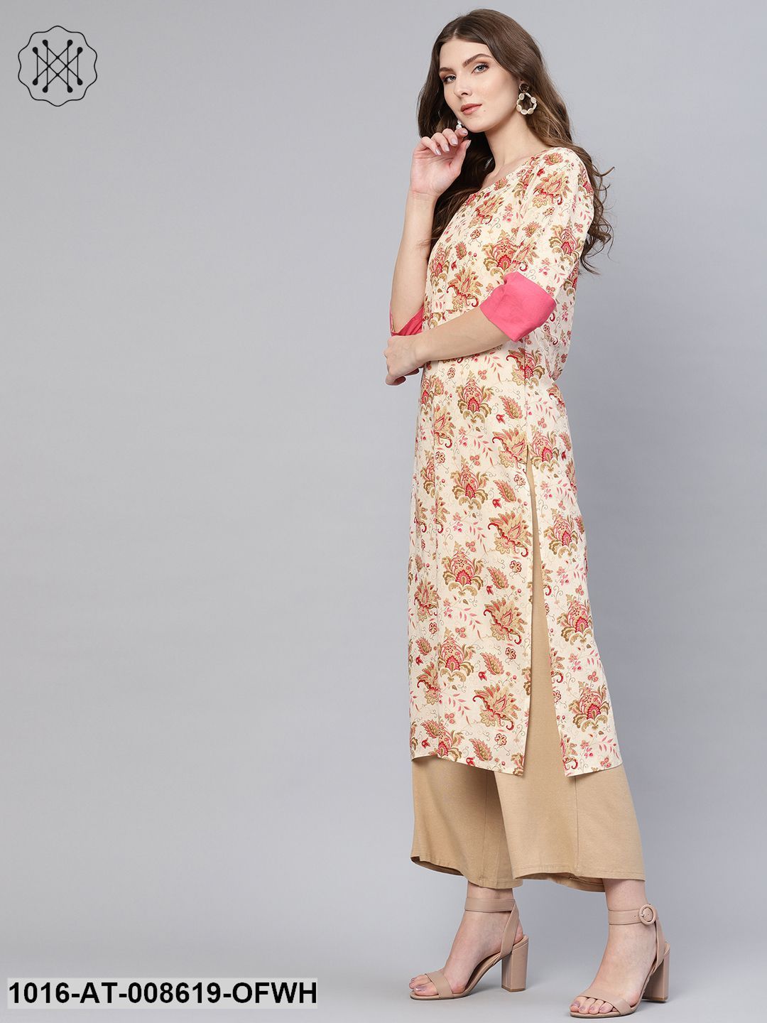 Off -White & Pink Floral Printed Straight Kurta With Round Neck & 3/4 Sleeves With Solid Cuff