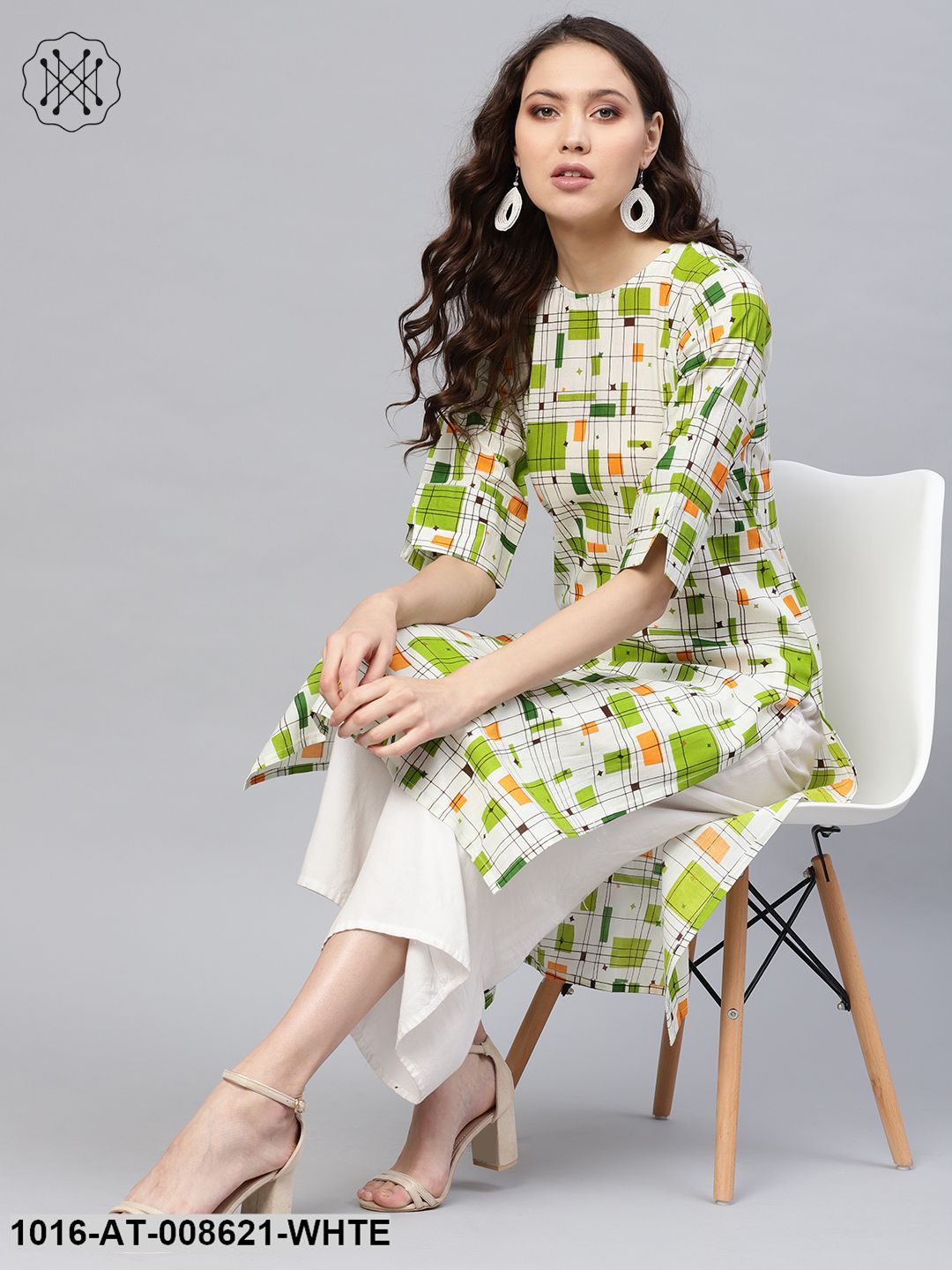 White And Green Checks Printed Round Neck With Back Keyhole 3/4Th Sleeves Straight Kurta