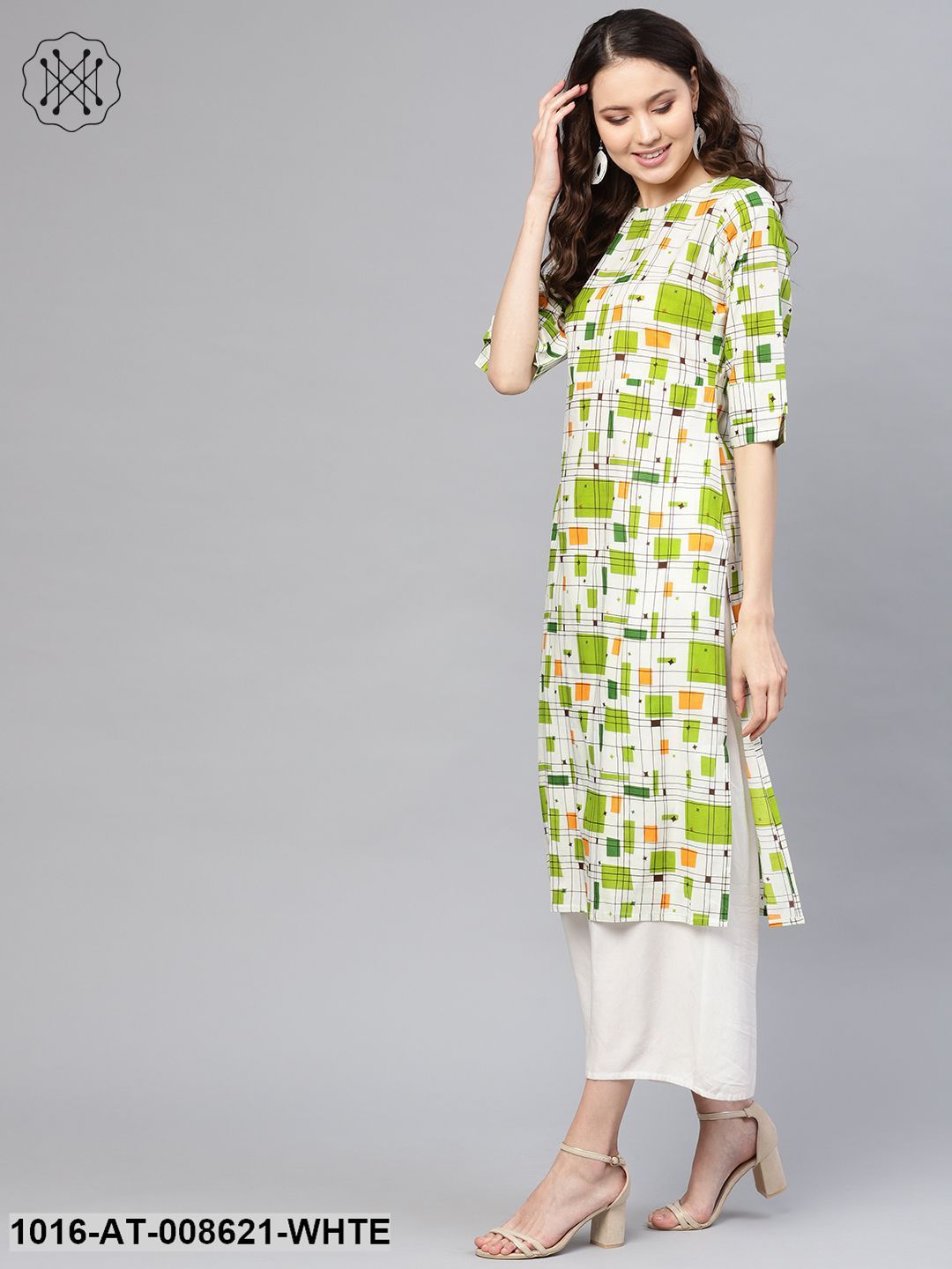 White And Green Checks Printed Round Neck With Back Keyhole 3/4Th Sleeves Straight Kurta