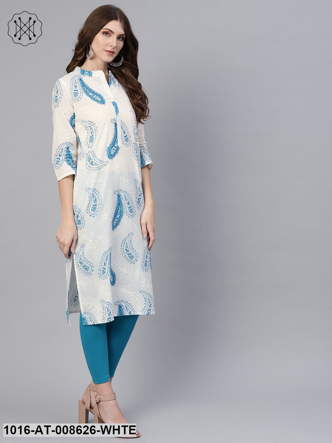 White Khari With Blue Floral Printed Chinese Collared Having 3/4Th Sleeves Straight Kurta