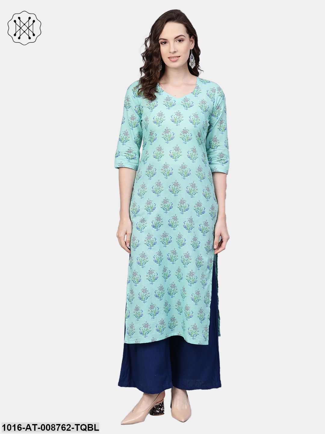 Pastel Blue Multi colored Printed Straight Kurta with Sweet heart neck & 3/4 sleeves