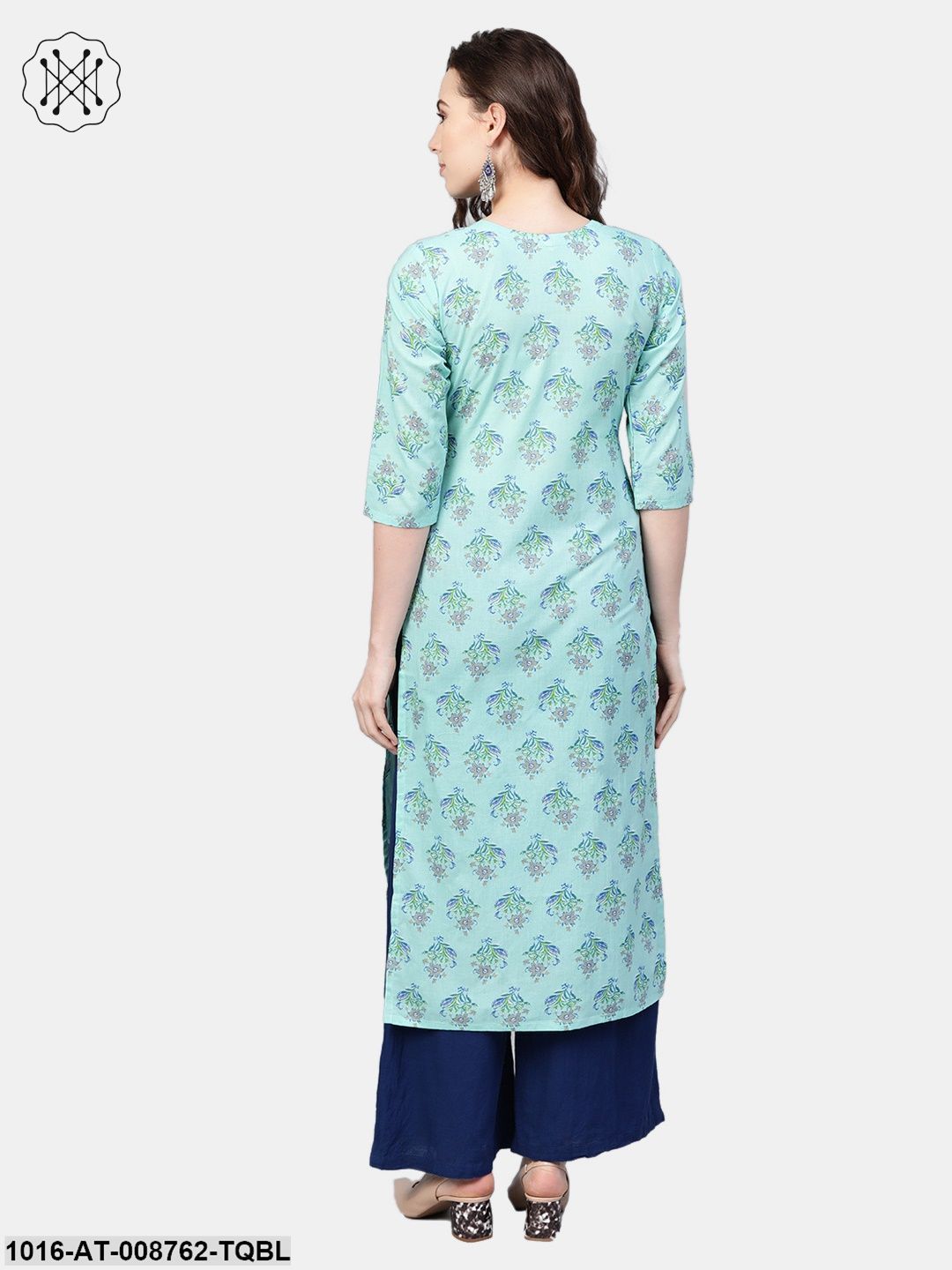 Pastel Blue Multi colored Printed Straight Kurta with Sweet heart neck & 3/4 sleeves