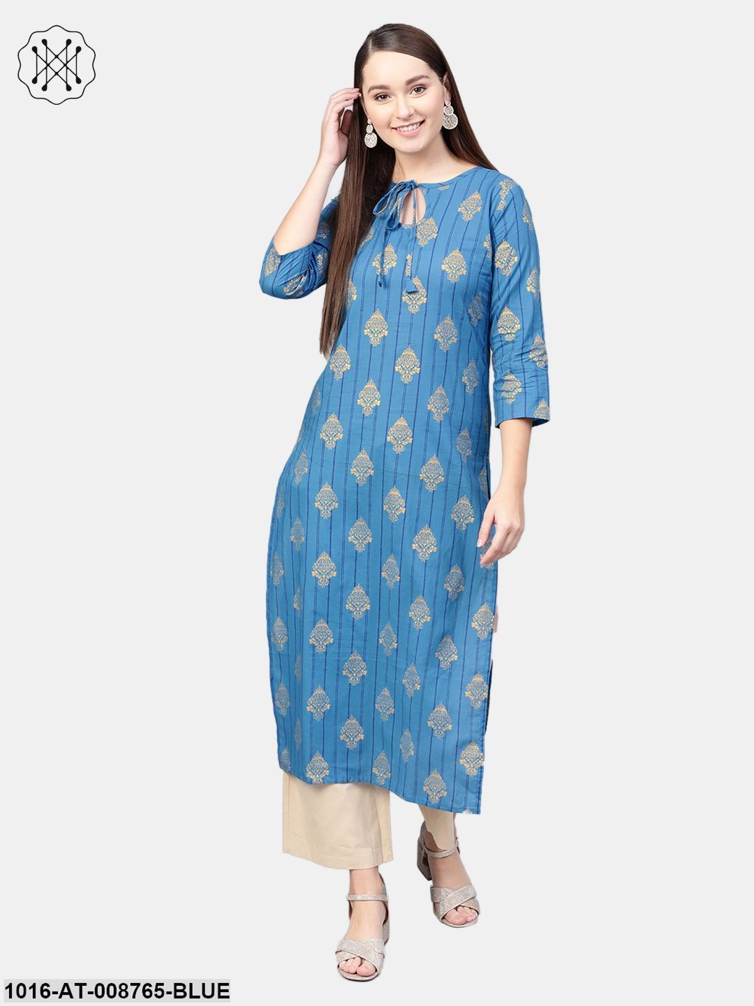 Cobalt blue Gold printed Striaght kurta with Keyhole neck & 3/4 sleeves