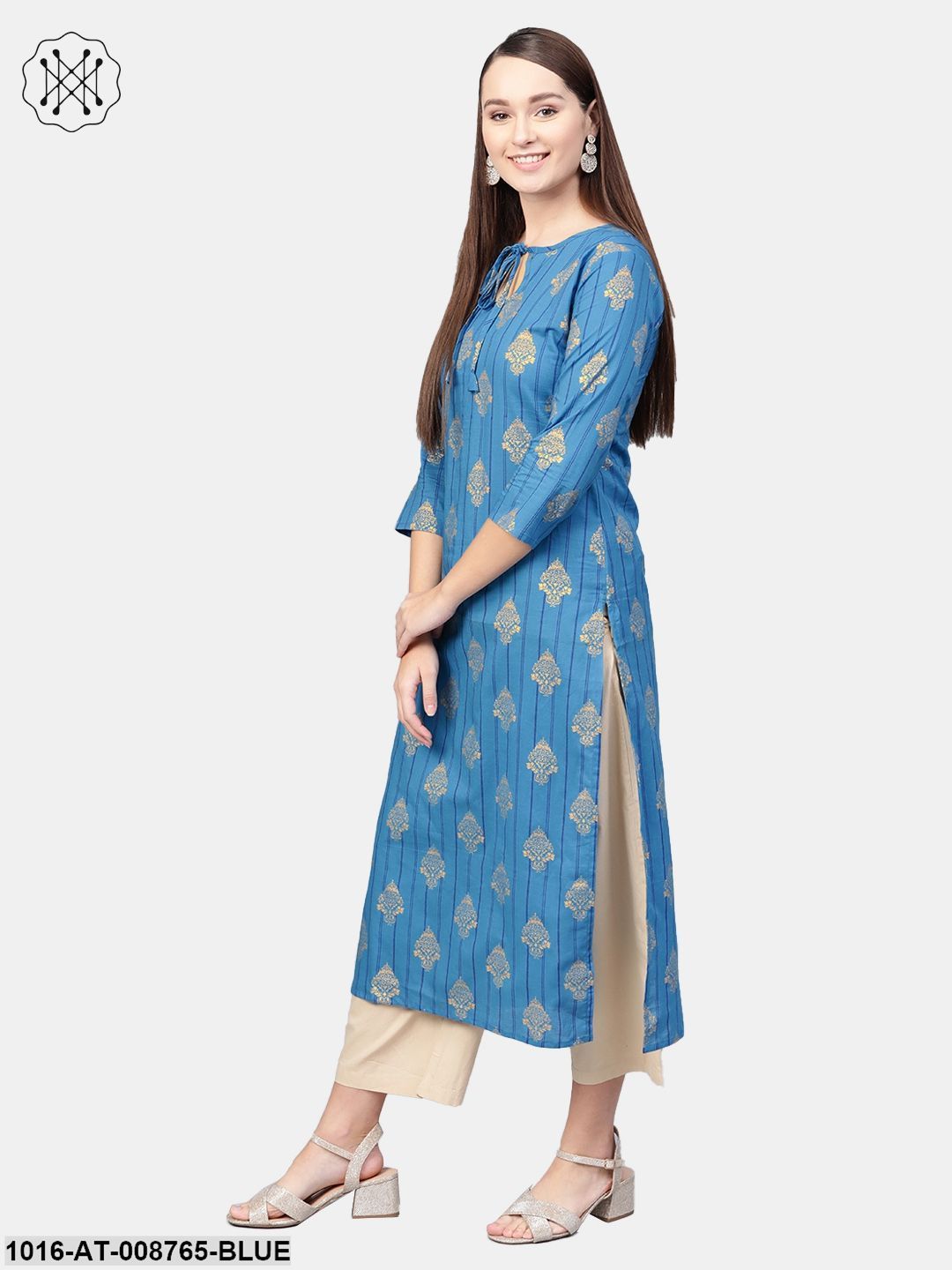 Cobalt blue Gold printed Striaght kurta with Keyhole neck & 3/4 sleeves
