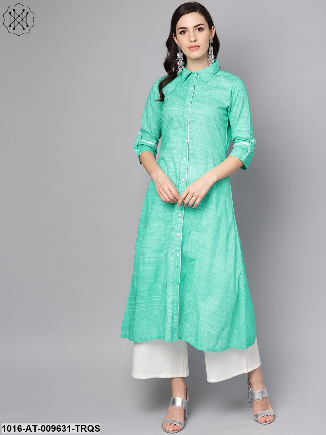 Turquoise Blue A-Line Kurta With Shirt Collar & 3/4 Sleeves