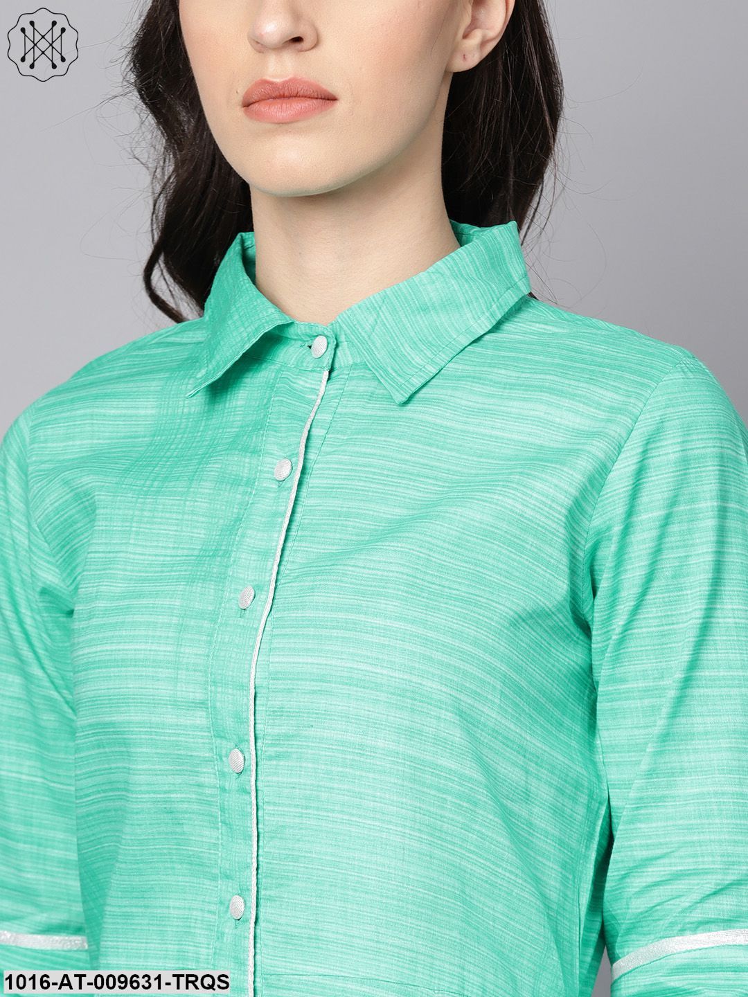 Turquoise Blue A-Line Kurta With Shirt Collar & 3/4 Sleeves