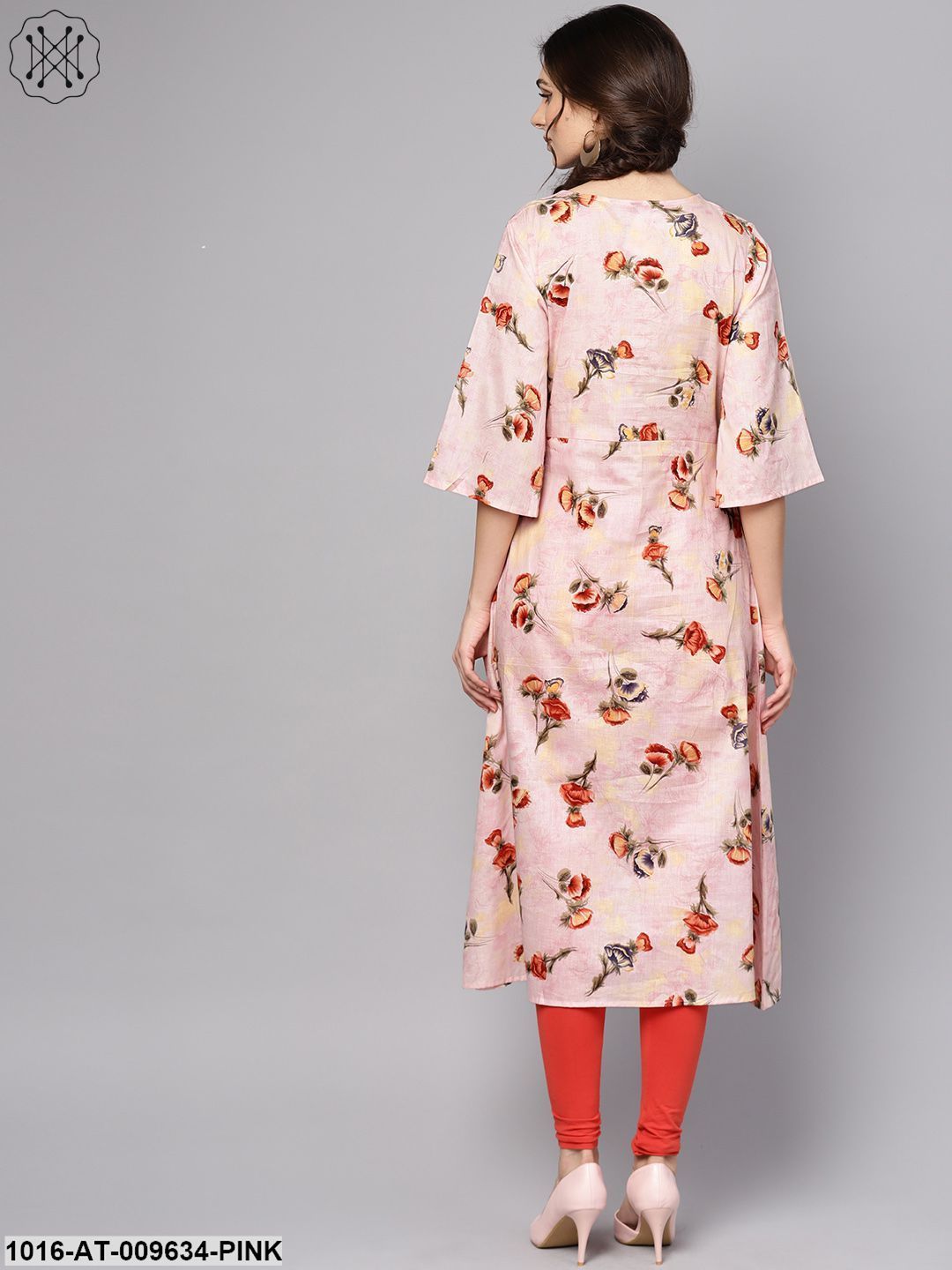 Pastel Pink Floral Printed Kurta With V-Neck & Bell Sleeves