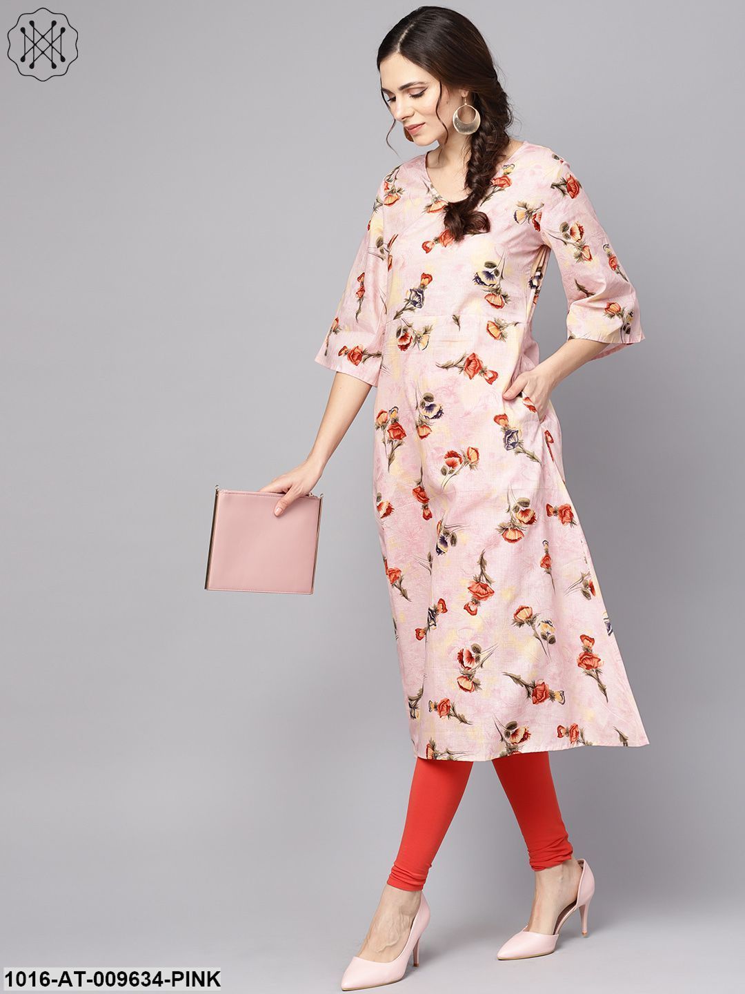 Pastel Pink Floral Printed Kurta With V-Neck & Bell Sleeves
