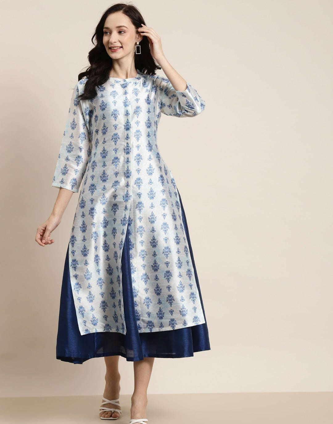 Navy Anarkali Maxi With White & Blue Floral Jacket