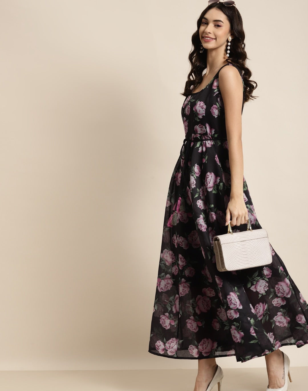 Black & Pink Floral Sleeveless Anarkali Dress