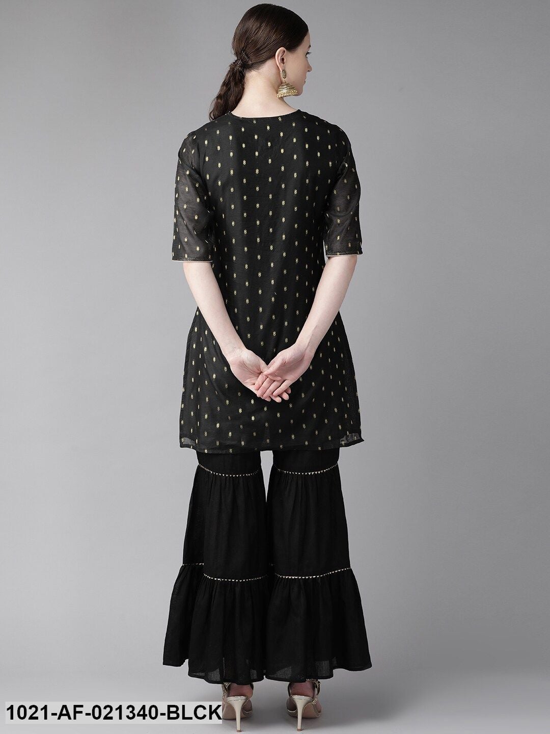 Black & Golden Woven Design Kurta with Sharara