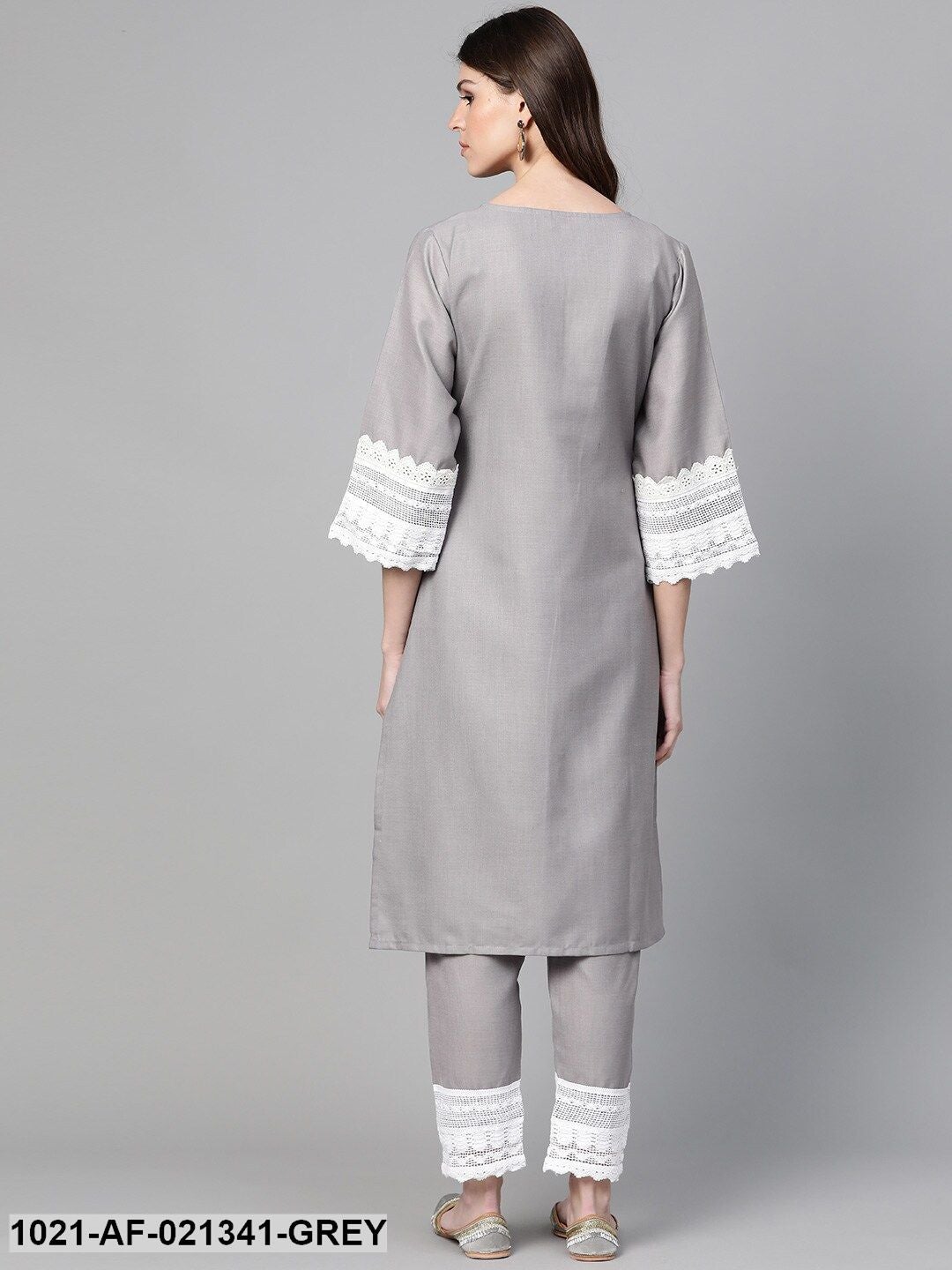 Grey Solid Kurta & Trousers With Lace Insert Detail