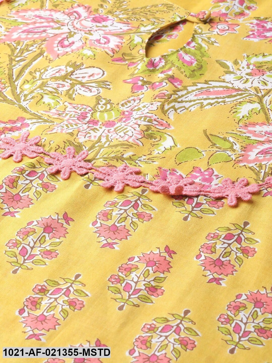 Mustard Yellow & Coral Pink Floral Print Kurta with Palazzos
