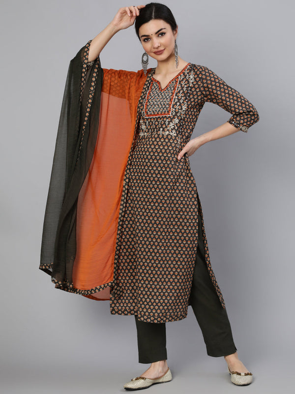Cotton Calf Length Embroidered Straight 3/4 Sleeve Round Neck Kurta Set With Dupatta | WomensFashionFun.com