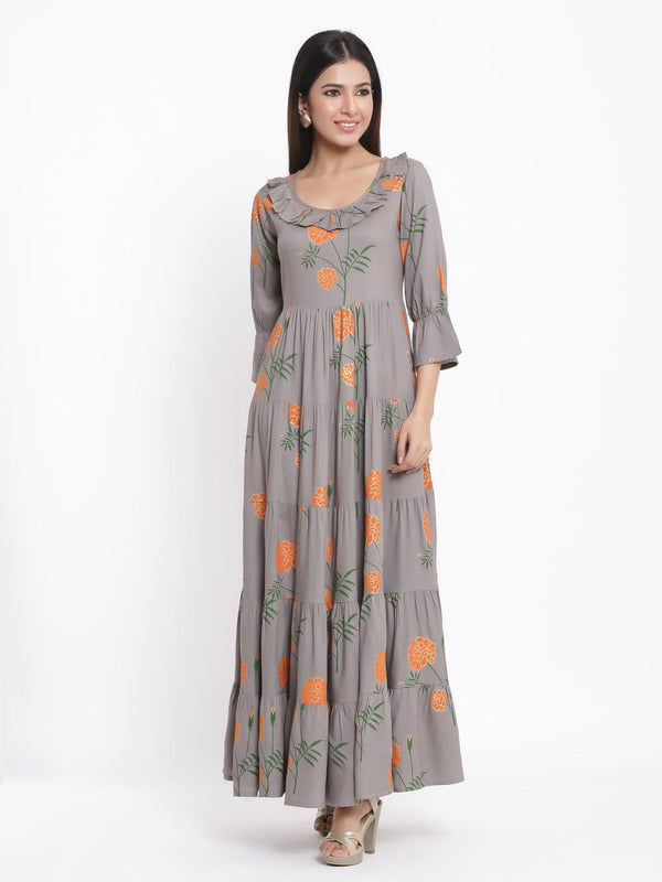 Rayon Floral Print Flared Gown | WomensFashionFun.com