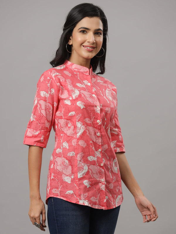 Peach Floral Printed Causal Shirt | WomensFashionFun.com