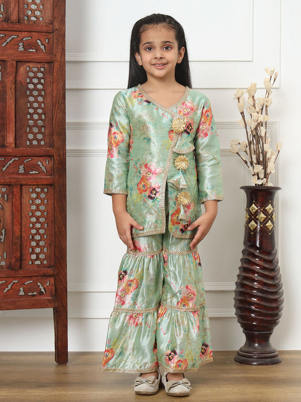 A Line Style Art Silk Fabric Sea Green Color Kurti With Sharara | WomensfashionFun.com
