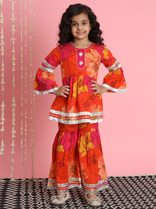 Frock Style Cotton Fabric Orange Color Kurti And Sharara | WomensfashionFun.com