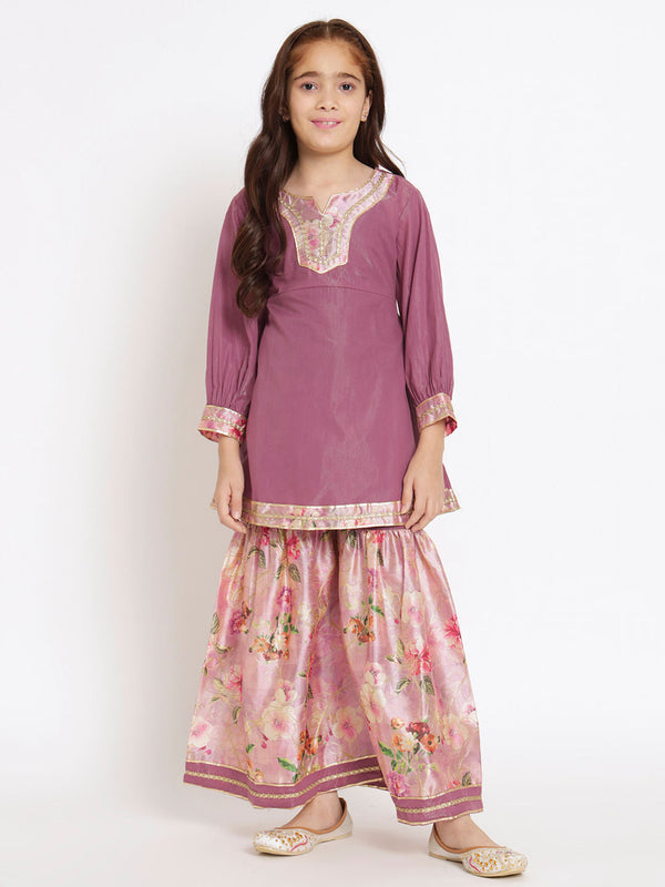 A Line Style Cotton Fabric Mauve Color Kurti And Sharara | WomensfashionFun.com