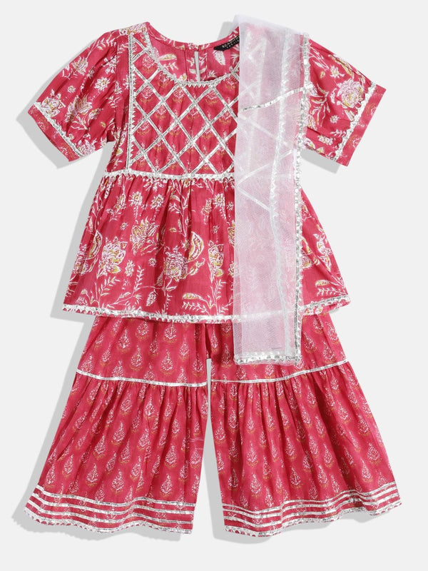 Frock Style Cotton Fabric Red Color Printed Kurta And Sharara With Dupatta
