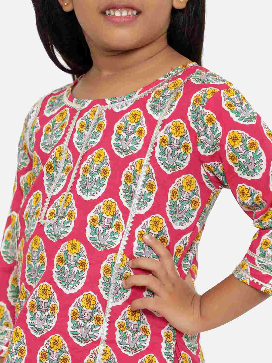 A Line Style Cotton  Fabric Pink Color Printed Kurta With Sharara