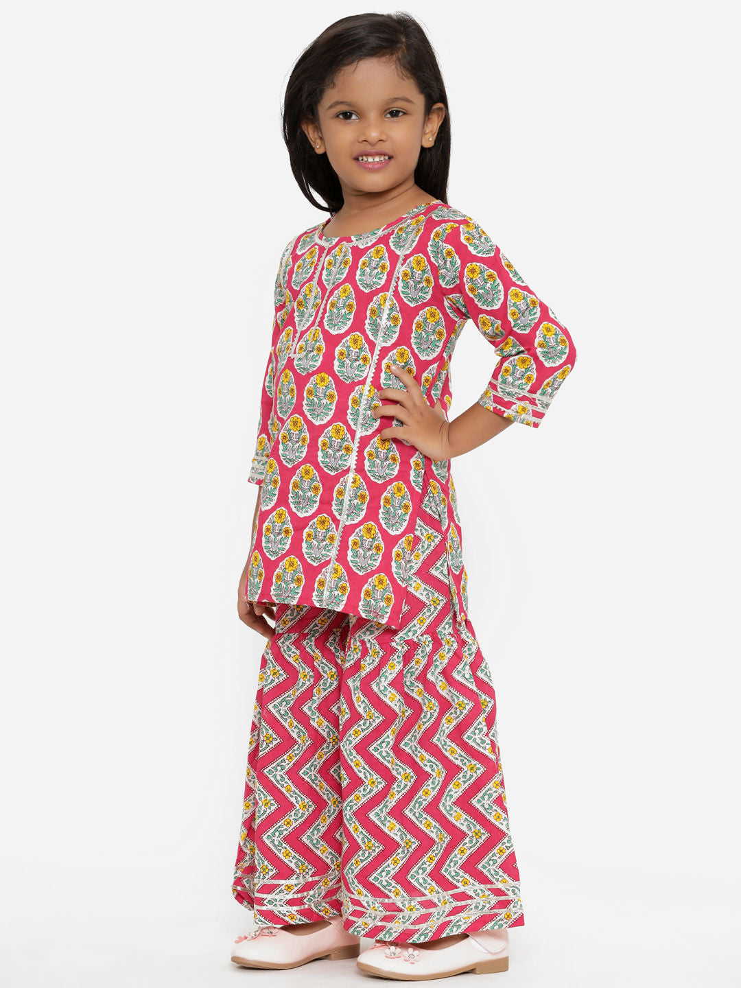 A Line Style Cotton  Fabric Pink Color Printed Kurta With Sharara