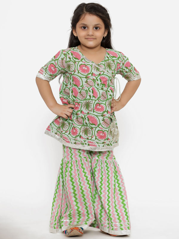 A Line Gathered Green  Color Cotton Kurta With Sharara | WomensfashionFun.com