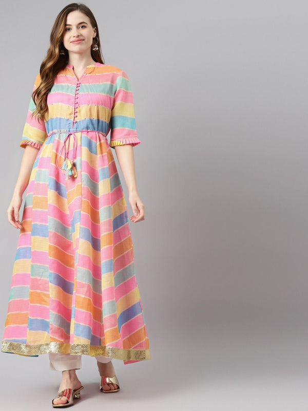 Jute Silk Fabric Multicolor Anarkali Style Lehariya Printed Kurta | WomensfashionFun.com