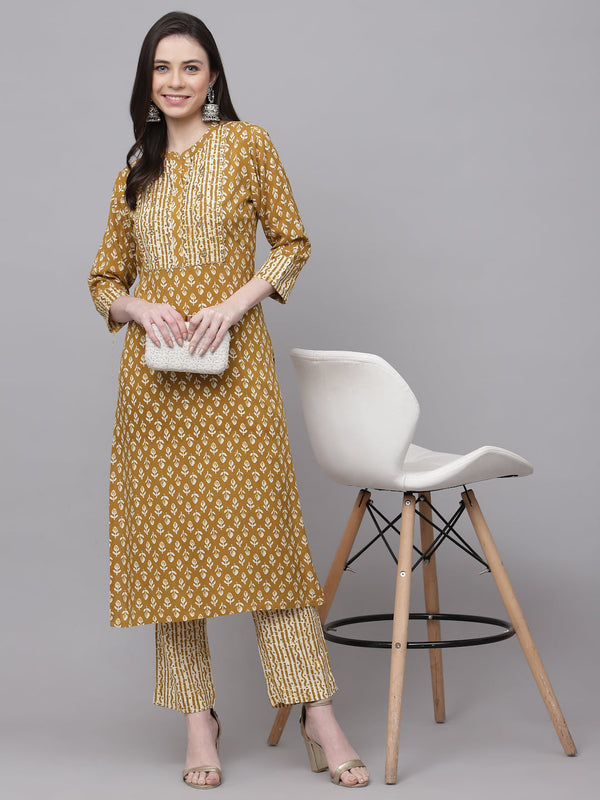 Rayon Embroidered Straight Printed Kurta Set With Trousers (Mustard) | WomensFashionFun.com
