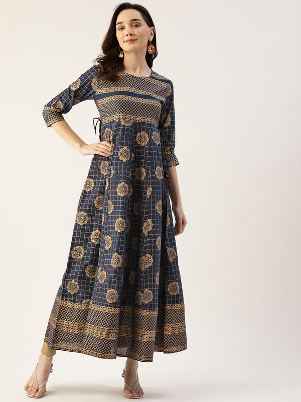 Gold Print Cotton Blend Anarkali Kurta  (Blue) | WomensFashionFun.com