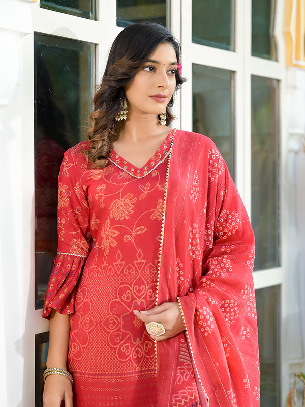 Women Red Silk Blend Kurta Set With Dupatta | WomensFashionFun