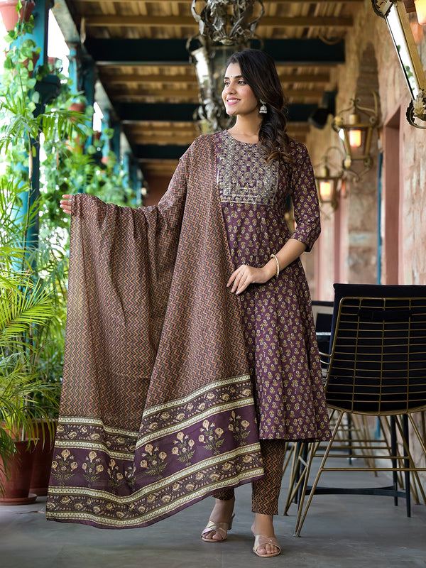 Women Purple Pure Cotton Kurta Set With Dupatta | WomensFashionFun