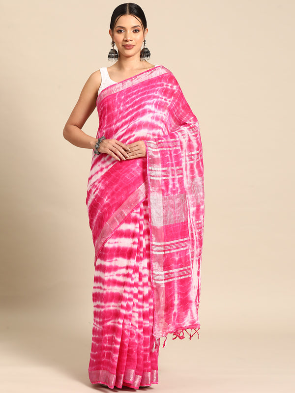 Women Pink Cotton Linen Saree | WomensFashionFun