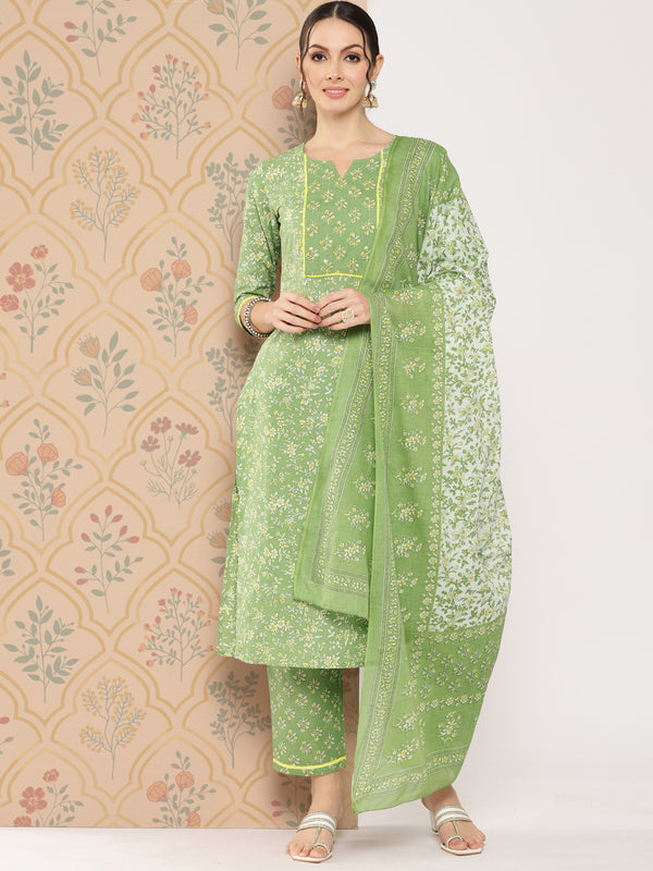 Women Green Pure Cotton Kurta Set With Dupatta | WomensFashionFun