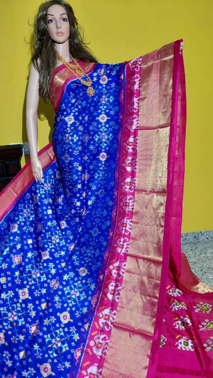 blue Pink Ikkat Pure Pochampalli Silk Saree