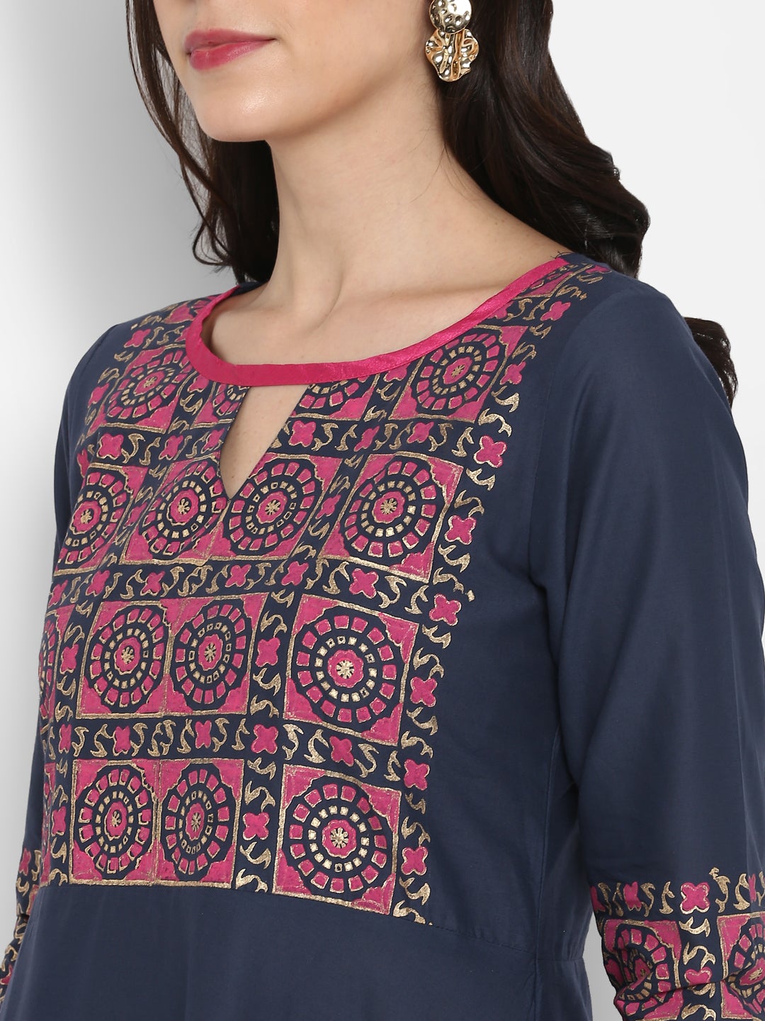 Blue & Pink Cotton Printed Anarkali Kurti With Block Print