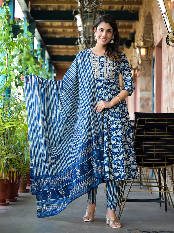 Women Blue Pure Cotton Kurta Set With Dupatta | WomensFashionFun