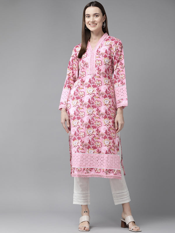 Women Pink Pure Cotton kurta set with embroidery Kurta Trouser Set | WomensfashionFun.com