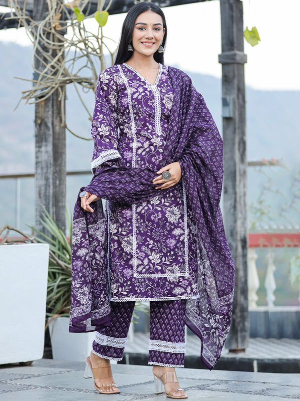 Women Purple pure Cotton kurta dupatta set with Thread Work detailing | WomensfashionFun.com