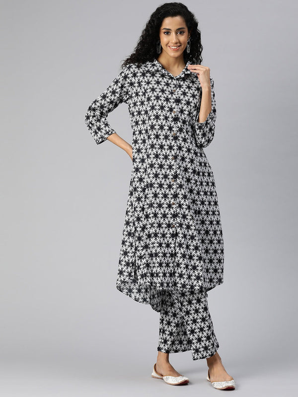 A Line Style Cotton Fabric Black And White Color Kurta And Bottom | WomensfashionFun.com