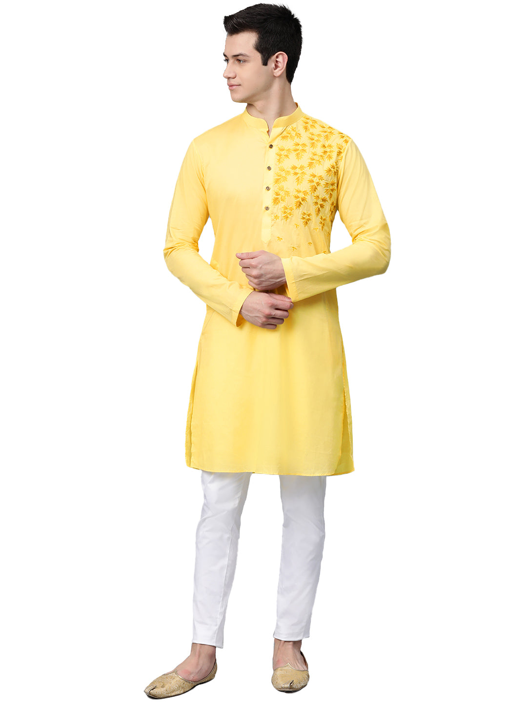 Yellow Embroidered Straight Kurta With Pyjama