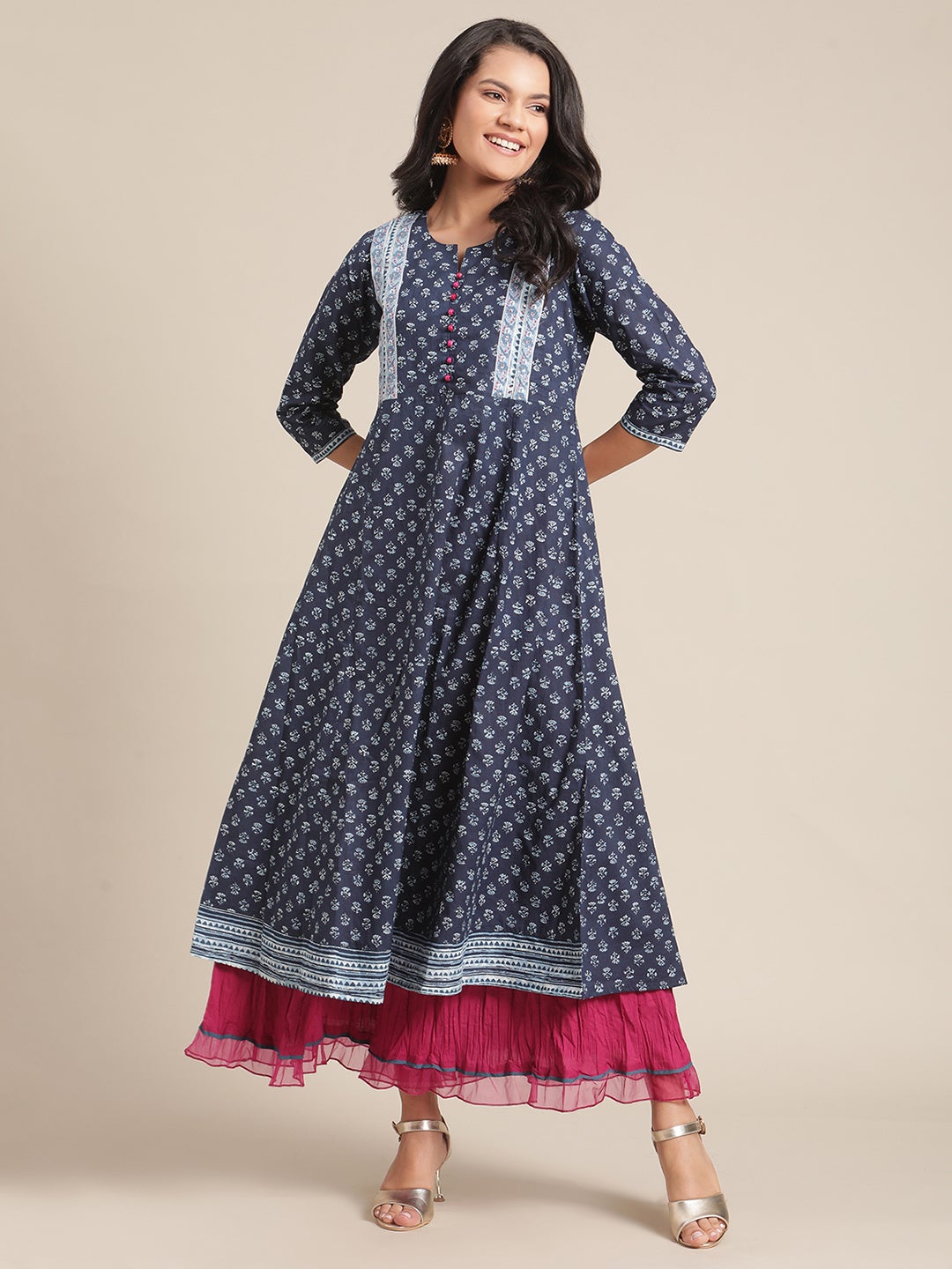 Blue  Floral Ankle Length Flared Kurta With Regular Sleeve And Round Neck