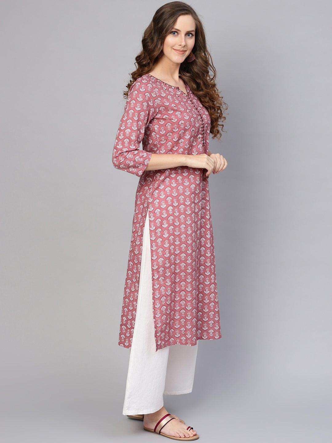 Grey Floral Printed Straight Kurta With Buttons