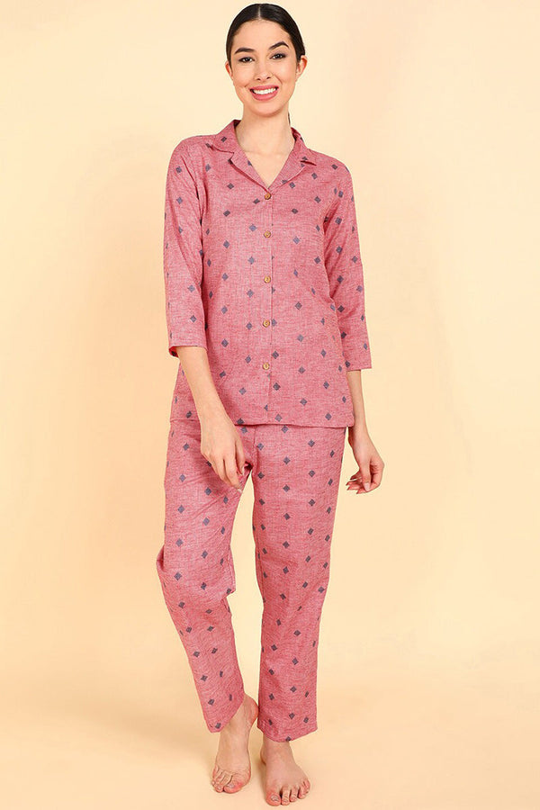 Pink Pure Cotton Geometric Print Night Suit | WomensfashionFun.com