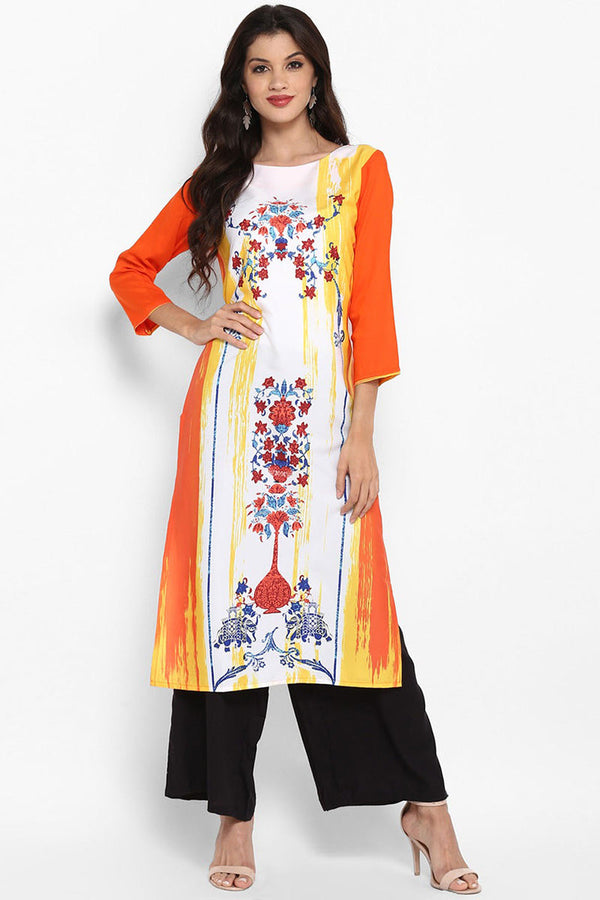 White & Orange Polyester Floral Printed Straight Kurta | WomensfashionFun