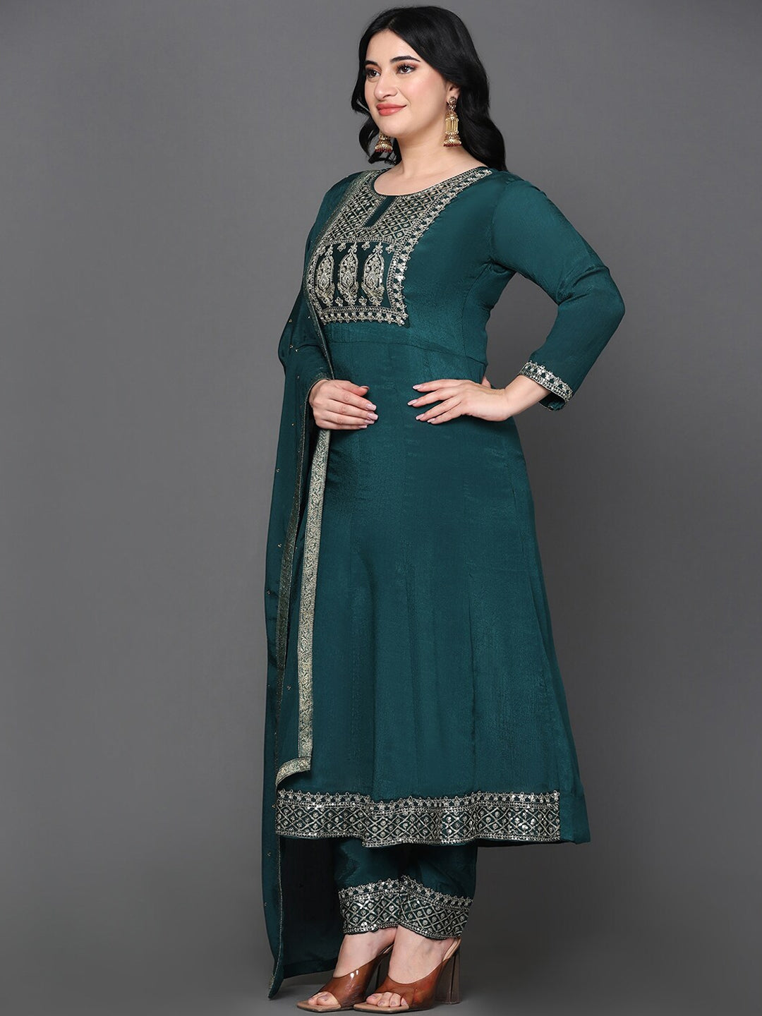 Ethnic Motifs Yoke Design Pure Silk Anarkali Kurta with Trousers & Dupatta WomensFashionFun.com
